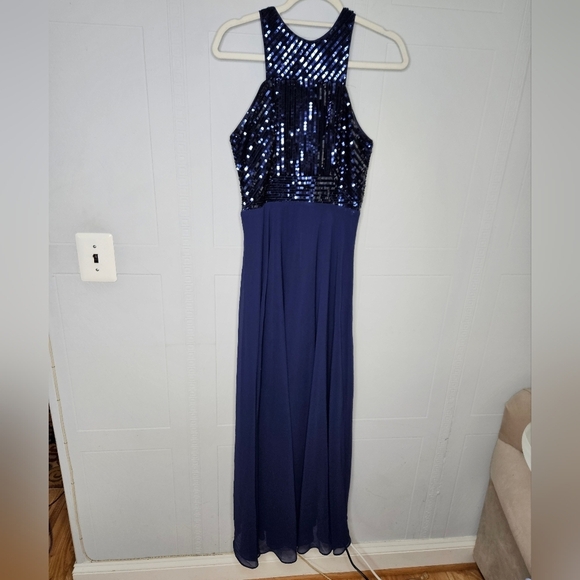 Beauty Kai Navy Sequin Halter Chiffon Empire Waist Maxi Dress S Glam Prom Formal - Picture 2 of 16